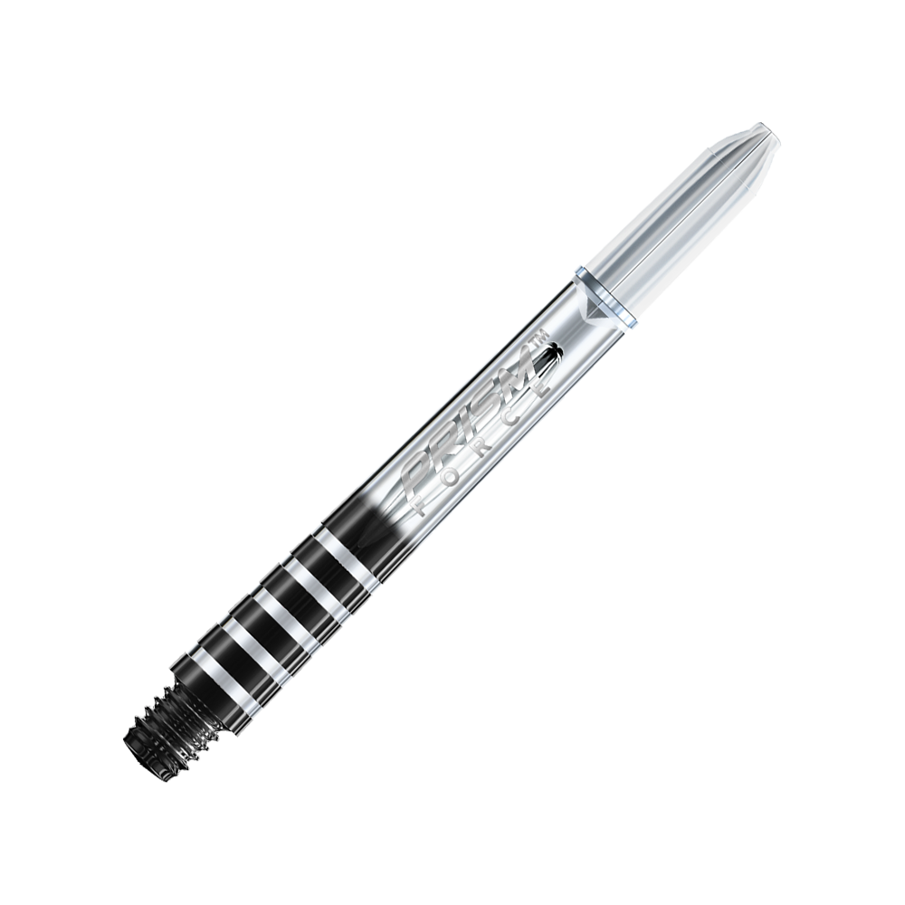 Das Bild zeigt einen klaren Winmau Prism Force Shaft für Darts. Der Schaft hat ein transparentes Design mit eingraviertem Schriftzug.