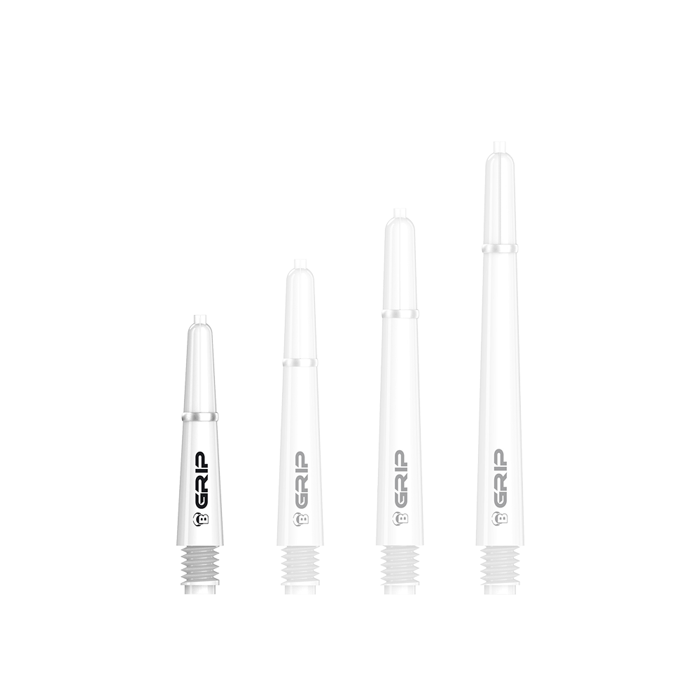 Das Bild zeigt vier weiße Bulls B-Grip-2 SL Shafts in unterschiedlichen Längen. Sie sind nebeneinander angeordnet und haben ein schwarzes "GRIP"-Logo aufgedruckt.