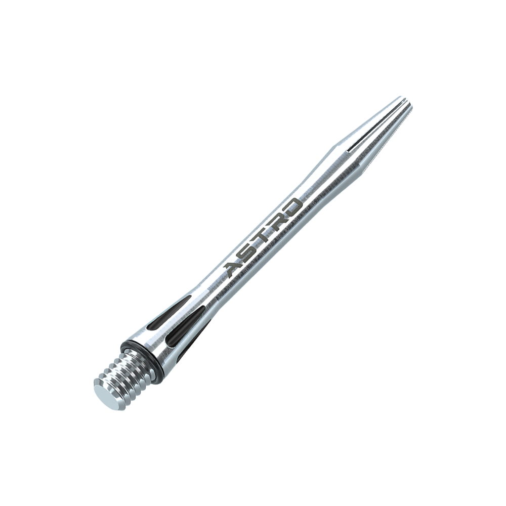 7012-401_Winmau_Astro_Aluminium_Shafts_Schwarz_41mm_2 Das Bild zeigt einen Winmau Astro Aluminium Dartshaft in Schwarz. Auf dem Schaft ist der Schriftzug "ASTRO" zu sehen.