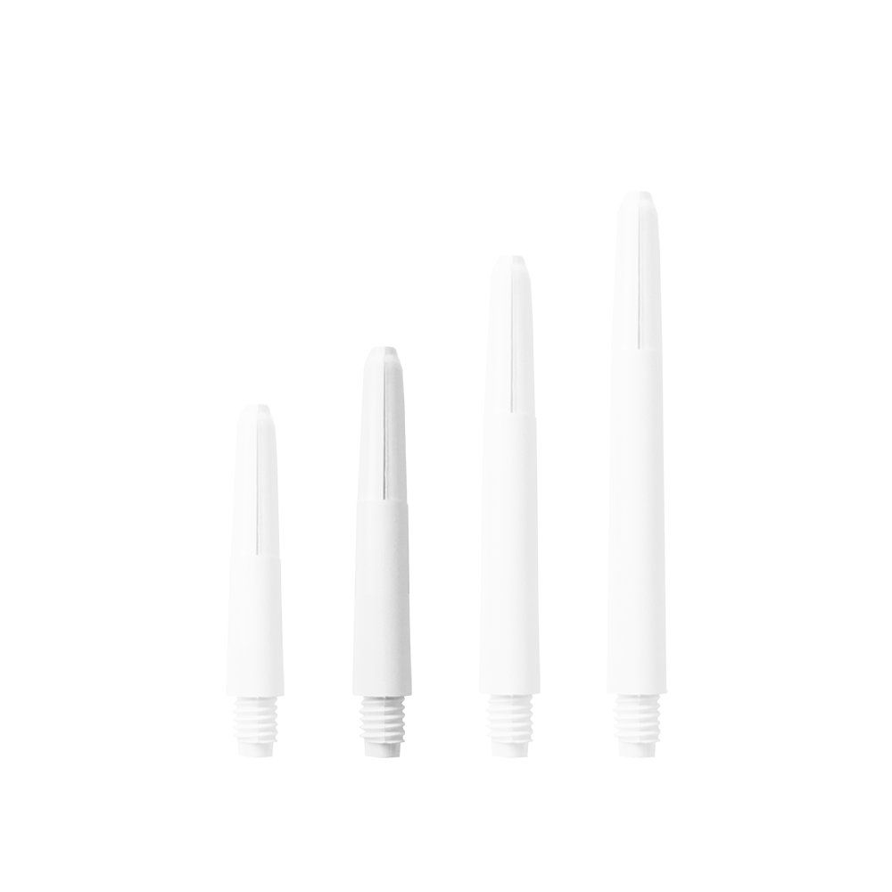 Das Bild zeigt vier Nylon Shafts in Schneeweiß, die in unterschiedlichen Längen angeordnet sind. Sie sind jeweils mit einem Schraubgewinde am unteren Ende versehen.