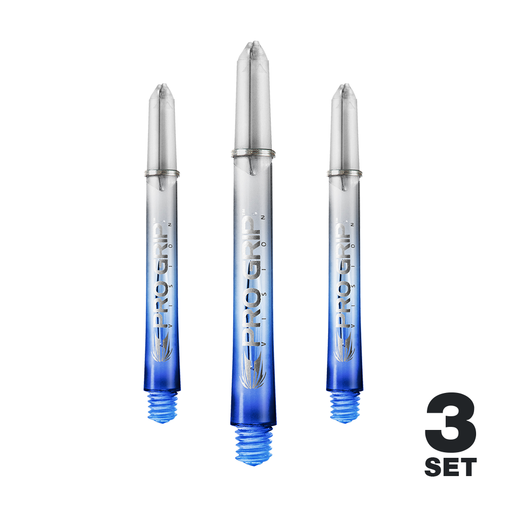 Das Bild zeigt drei blaue "Pro Grip Vision" Shafts für Darts. In der rechten unteren Ecke steht "3 Set".