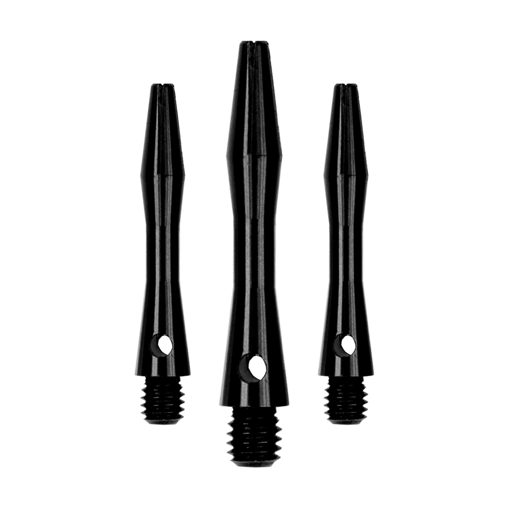 501_Aluminium_Shafts_Schwarz_30mm_14HvO6GoeRzKX4 Das Bild zeigt drei schwarze Aluminium-Schäfte. Sie sind unterschiedlich lang und haben ein Schraubgewinde am unteren Ende.