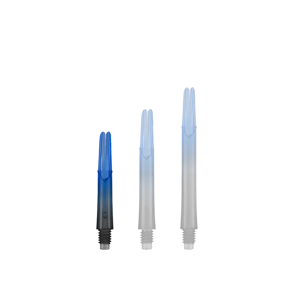 Das Bild zeigt drei unterschiedlich lange Dartschäfte in Blau und Schwarz. Sie stehen nebeneinander und haben ein gerades Design ohne Kappen.
