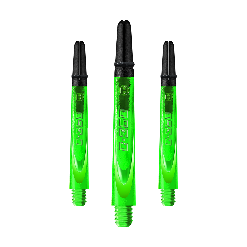 HR454_Harrows_Carbon_360_Shafts_Gr-n_49mm_1Cfq50njuTJnH2 Auf dem Bild sind drei grüne Dart-Schäfte aus Carbon mit schwarzem oberen Ende zu sehen. In der Mitte steht ein etwas längerer Schaft, links und rechts davon jeweils ein kürzerer.