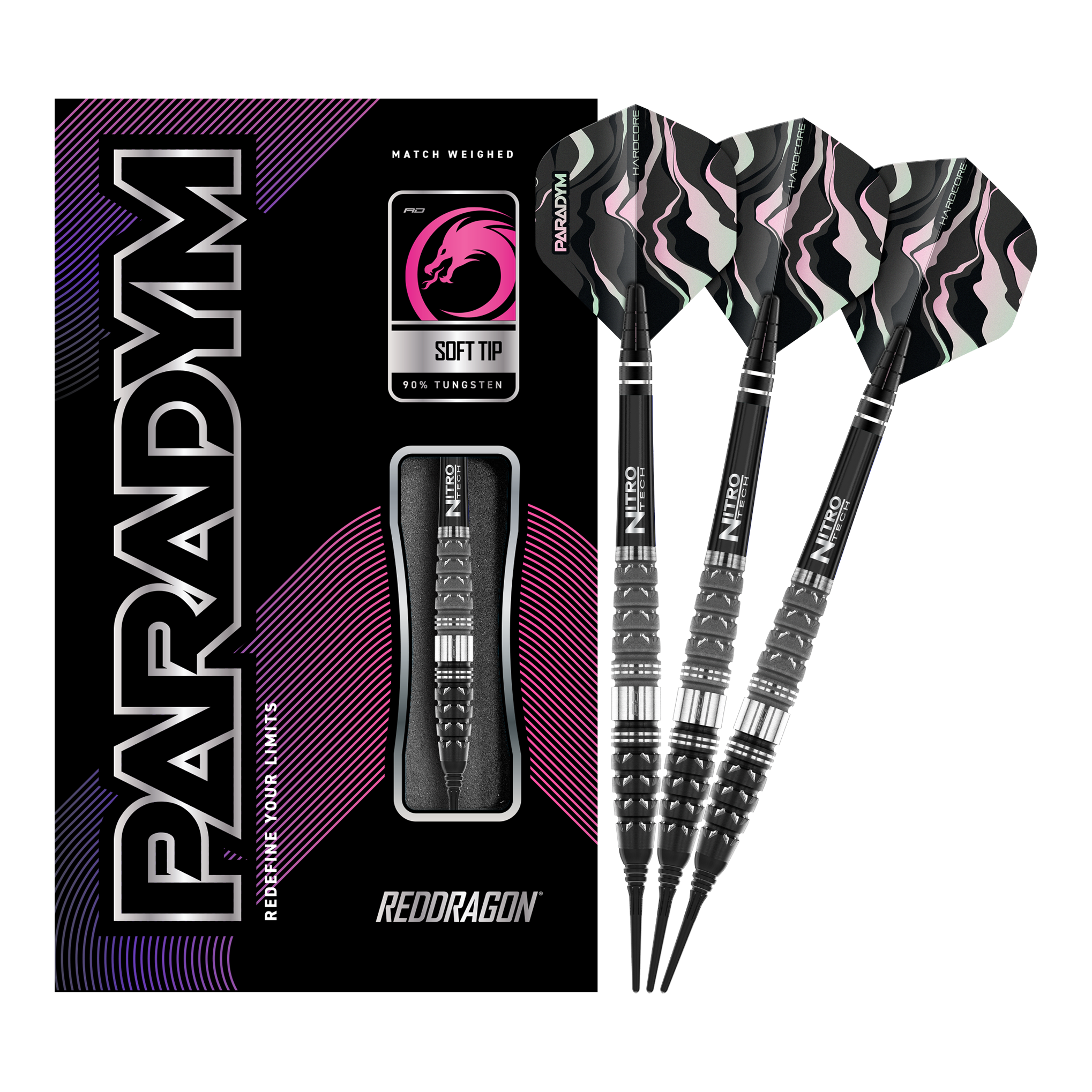Red Dragon Paradym Torpedo Softdarts - 20g Auf dem Bild sind die Red Dragon Paradym Torpedo Softdarts mit 20 Gramm Gewicht zu sehen. Die Verpackung und drei Darts mit schwarz-silbernen Spitzen und auffälligen Flights sind abgebildet.