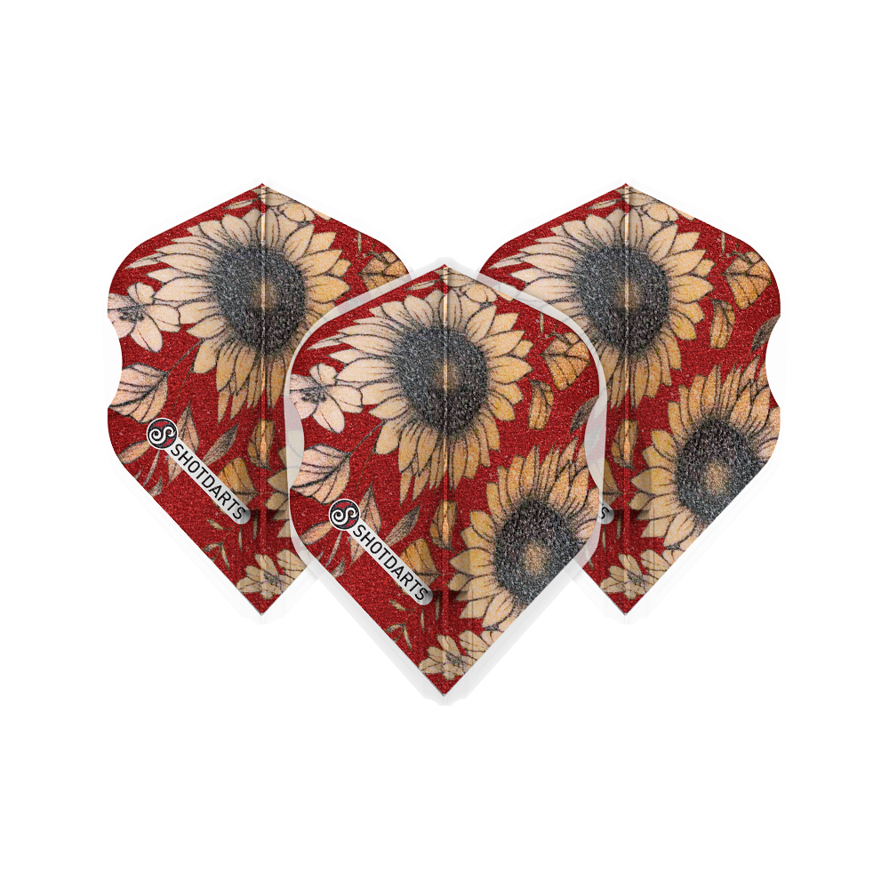 SF5438_Shot_L-Style_Sunflower_L1EZ_Flights_1ifSR43ySRPH5c Das Bild zeigt drei Dart-Flights mit Sonnenblumenmuster auf rotem Hintergrund. Die Flights sind vom Produkt "Shot L-Style Sunflower L1EZ Flights".