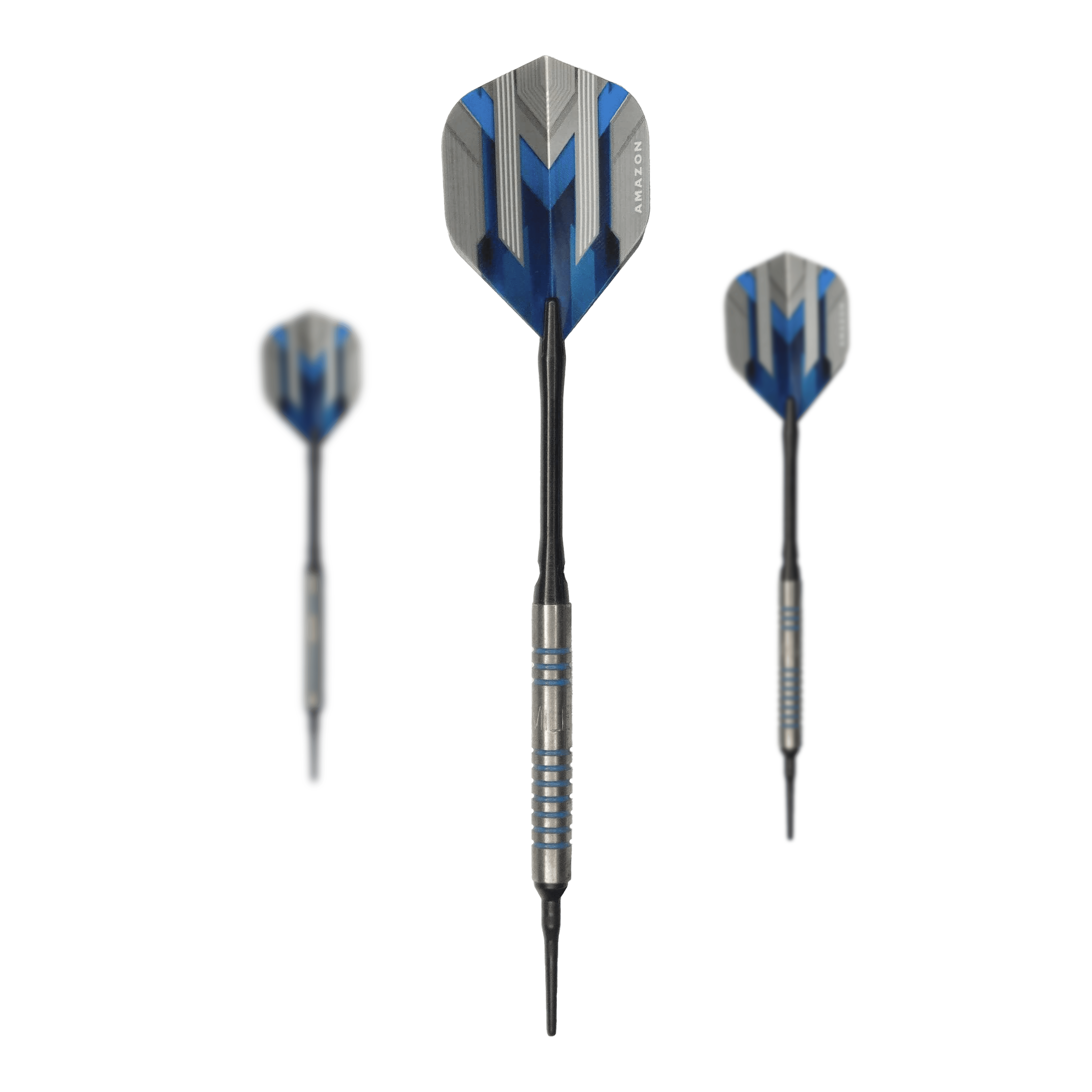 McDart 85er Tungsten V1 Softdarts - 17g Das Bild zeigt drei Softdarts des Modells „McDart 85er Tungsten V1 Softdarts - 17g“. Die Darts haben blaue und silberne Akzente sowie schwarze Spitzen und Flügel.