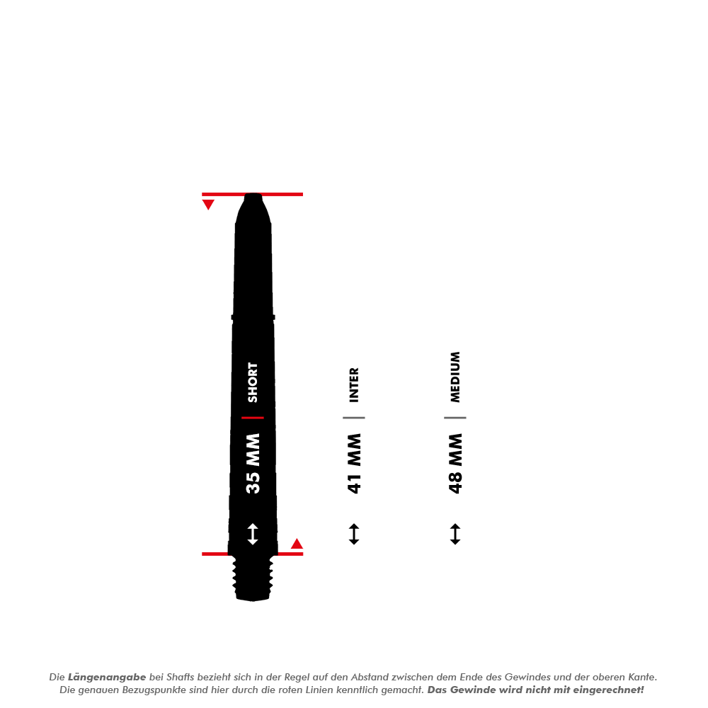 Das Bild zeigt verschiedene Längen von Dartshafts, gemessen in Millimetern: 35 mm (Short), 41 mm (Inter), und 48 mm (Medium). Die Messung erfolgt vom Ende des Gewindes bis zur oberen Kante, das Gewinde wird nicht mit einberechnet.