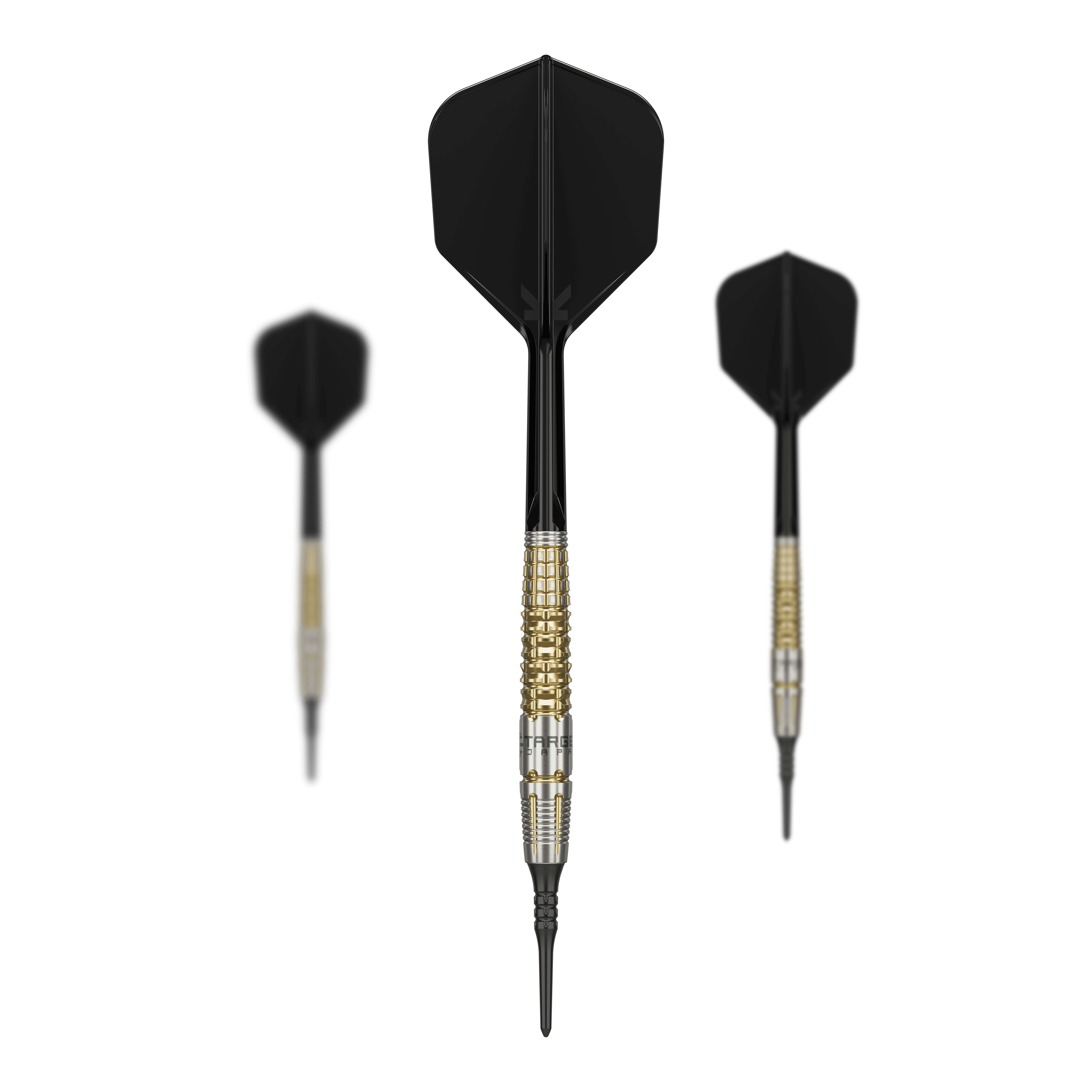 Das Bild zeigt drei Softdarts des Produkts "Target Japan Black Marque Warrior" mit einem Gewicht von 18,5 g. Die Darts haben schwarze Flights und gold-silberne Barrels.