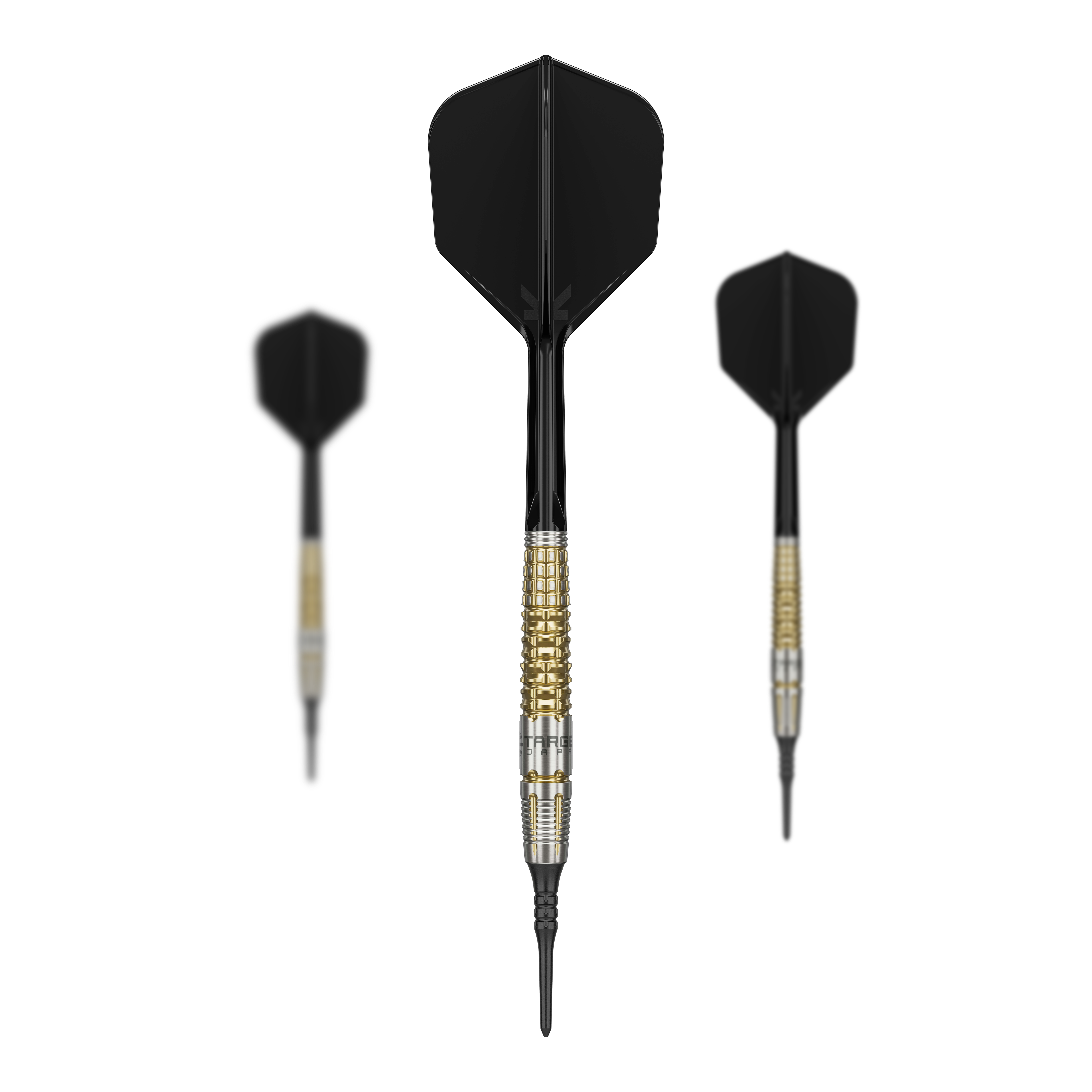 Target Japan Black Marque Warrior Softdarts - 18,5g Das Bild zeigt drei Softdarts des Produkts "Target Japan Black Marque Warrior" mit einem Gewicht von 18,5 g. Die Darts haben schwarze Flights und gold-silberne Barrels.