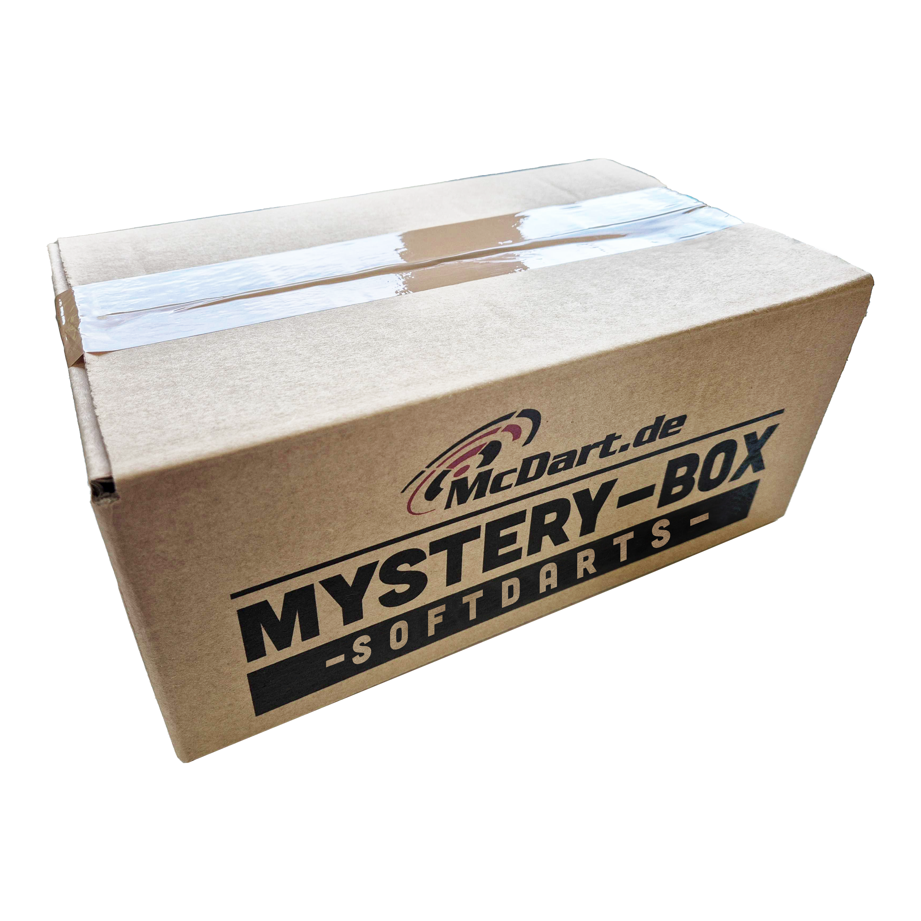 Auf dem Bild ist ein Karton mit der Aufschrift "McDart Mystery-Box - Softdarts" zu sehen. Der Karton ist zugeklebt und sieht aus wie ein Überraschungspaket.