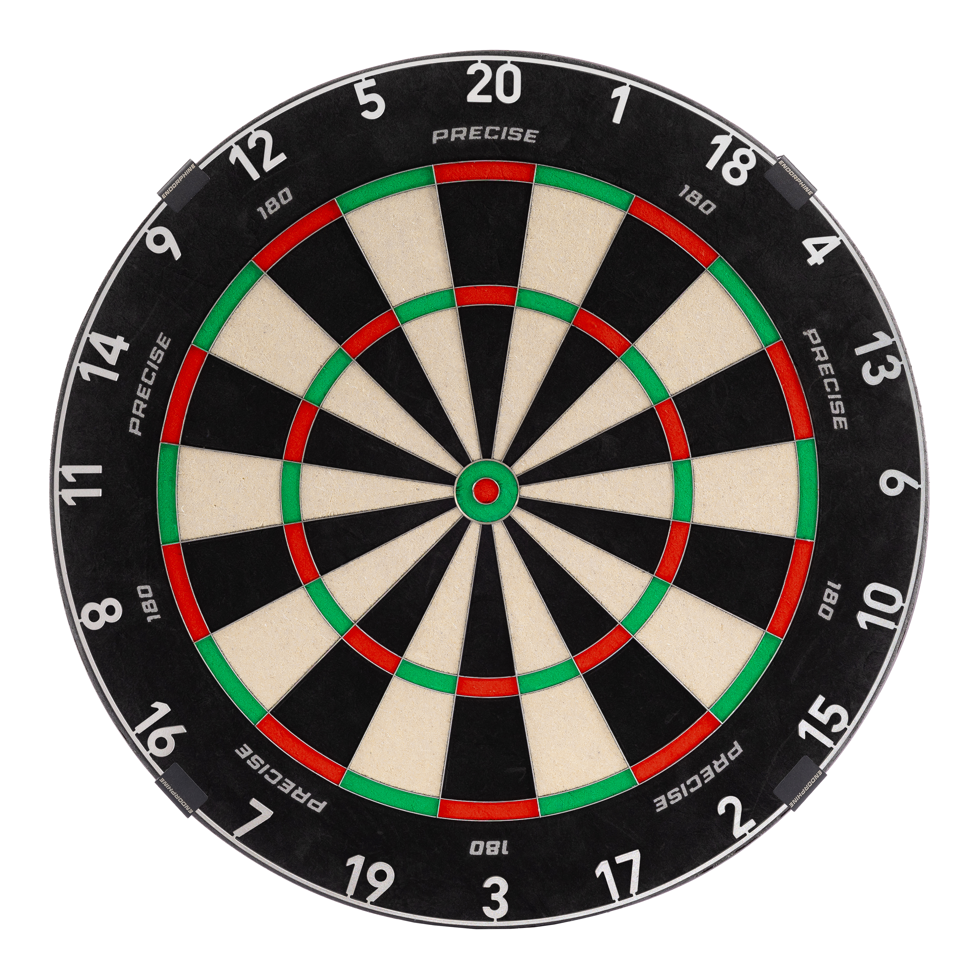 Precise 180 Endorphine Steeldartboard mit Nummernring - Gunmetal Das Bild zeigt das Precise 180 Endorphine Steeldartboard mit Nummernring in Gunmetal. Es handelt sich um eine moderne Dartscheibe für Präzisionswürfe.