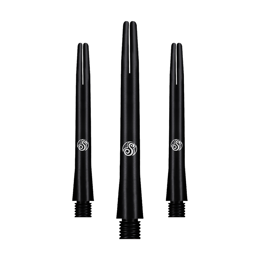 SM3809-M_Shot_Aluminium_Shafts_Black_47mm_1 Das Bild zeigt drei schwarze Aluminium-Schäfte der Marke Shot. Sie sind schlank, glänzend und haben ein weißes Logo in der Mitte.