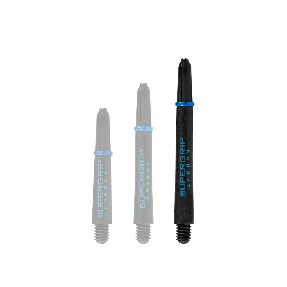 HR365_Harrows_Supergrip_Carbon_Shafts_Aqua_47mm_1 Das Bild zeigt drei Harrows Supergrip Carbon Shafts in der Farbe Aqua. Die Shafts sind unterschiedlich lang und stehen nebeneinander.
