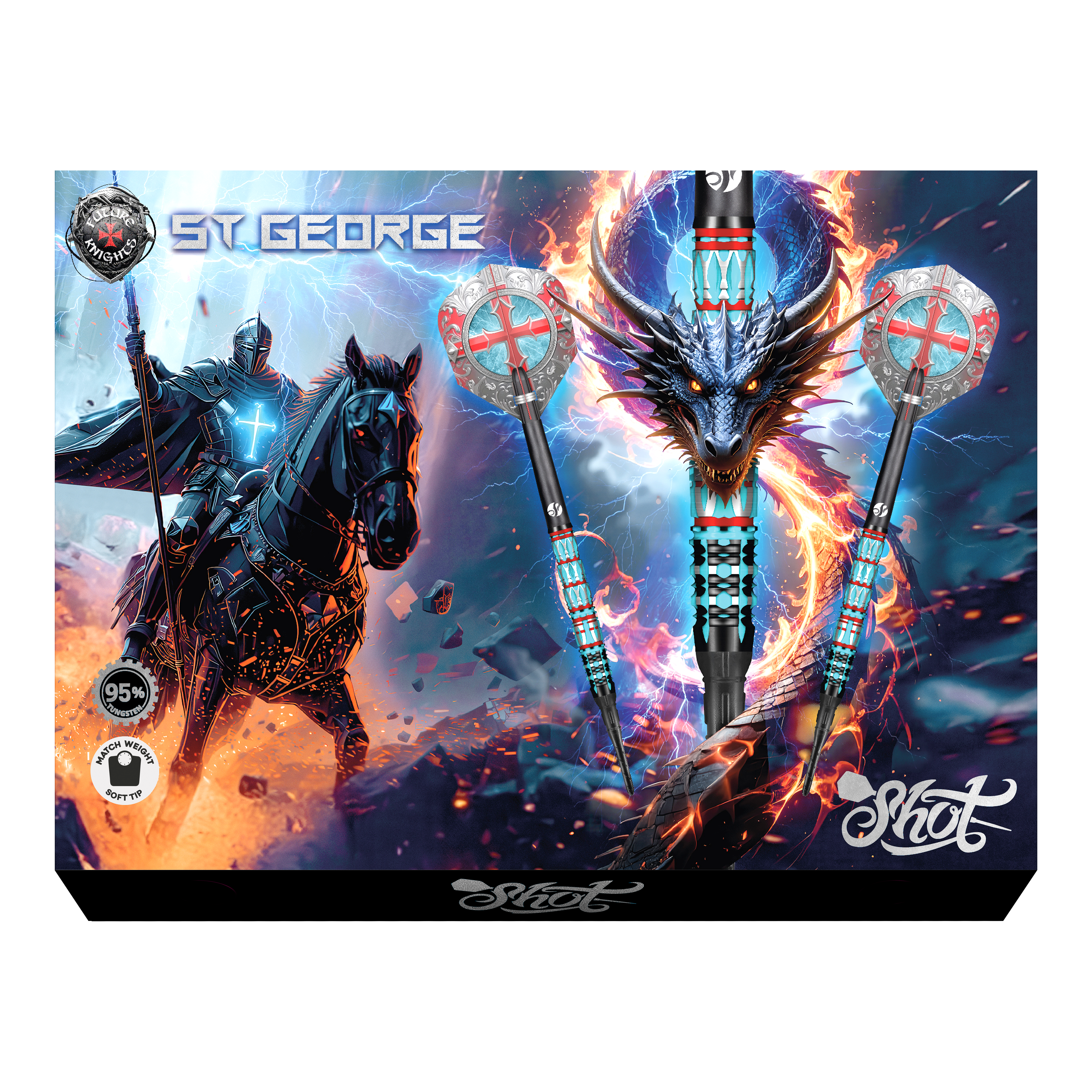 Shot Future Knights St George Softdarts - 20g Das Bild zeigt Shot Future Knights St George Softdarts mit einem Gewicht von 20g. Die Softdarts sind detailliert gestaltet und für Dartspieler geeignet.