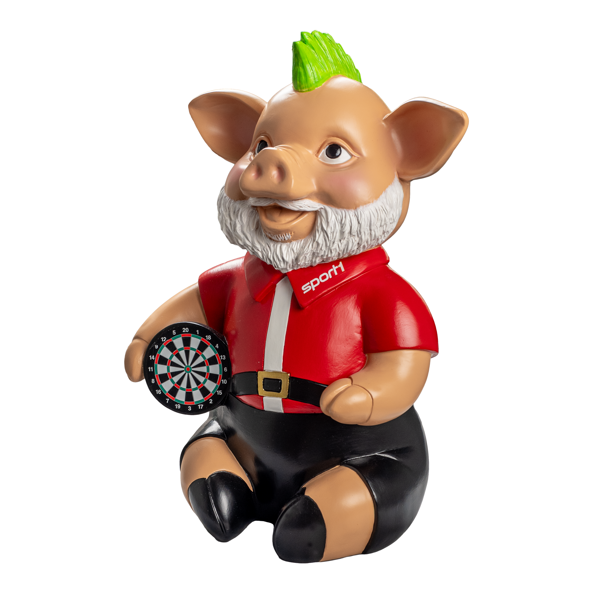 Sport1 Grinch Phrasenschwein Das Bild zeigt das "Sport1 Grinch Phrasenschwein", eine Figur in Form eines Schweins mit grünem Haar und Bart. Es trägt ein rotes Hemd und hält eine kleine Dartscheibe in der Hand.