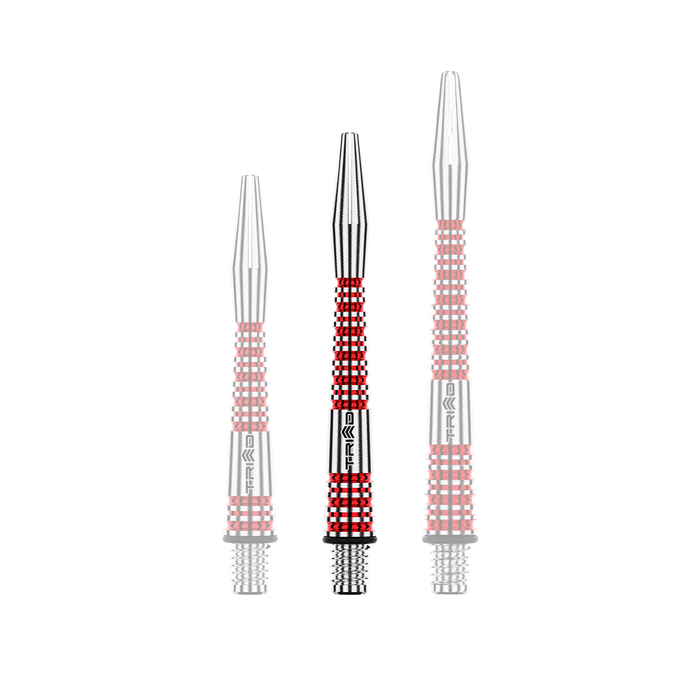 Winmau Triad RX Aluminium Shafts - Rot Auf dem Bild sind drei unterschiedlich lange Dartschäfte aus Aluminium zu sehen. Sie sind silberfarben mit roten Akzenten und haben ein geriffeltes Design.