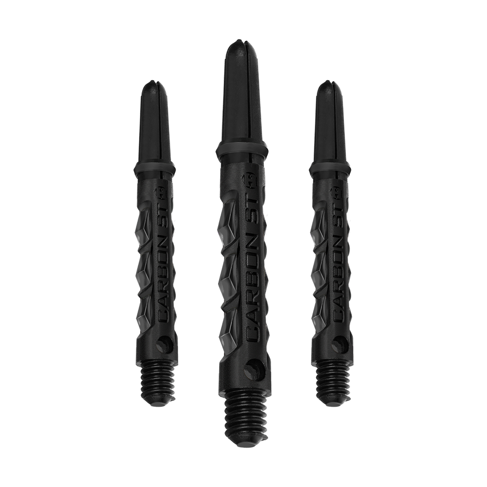 HR435_Harrows_Carbon_ST_Shafts_Schwarz_40mm_1 Das Bild zeigt drei schwarze Harrows Carbon ST Shafts. Sie sind unterschiedlich lang und bestehen aus robustem Material für Dartpfeile.