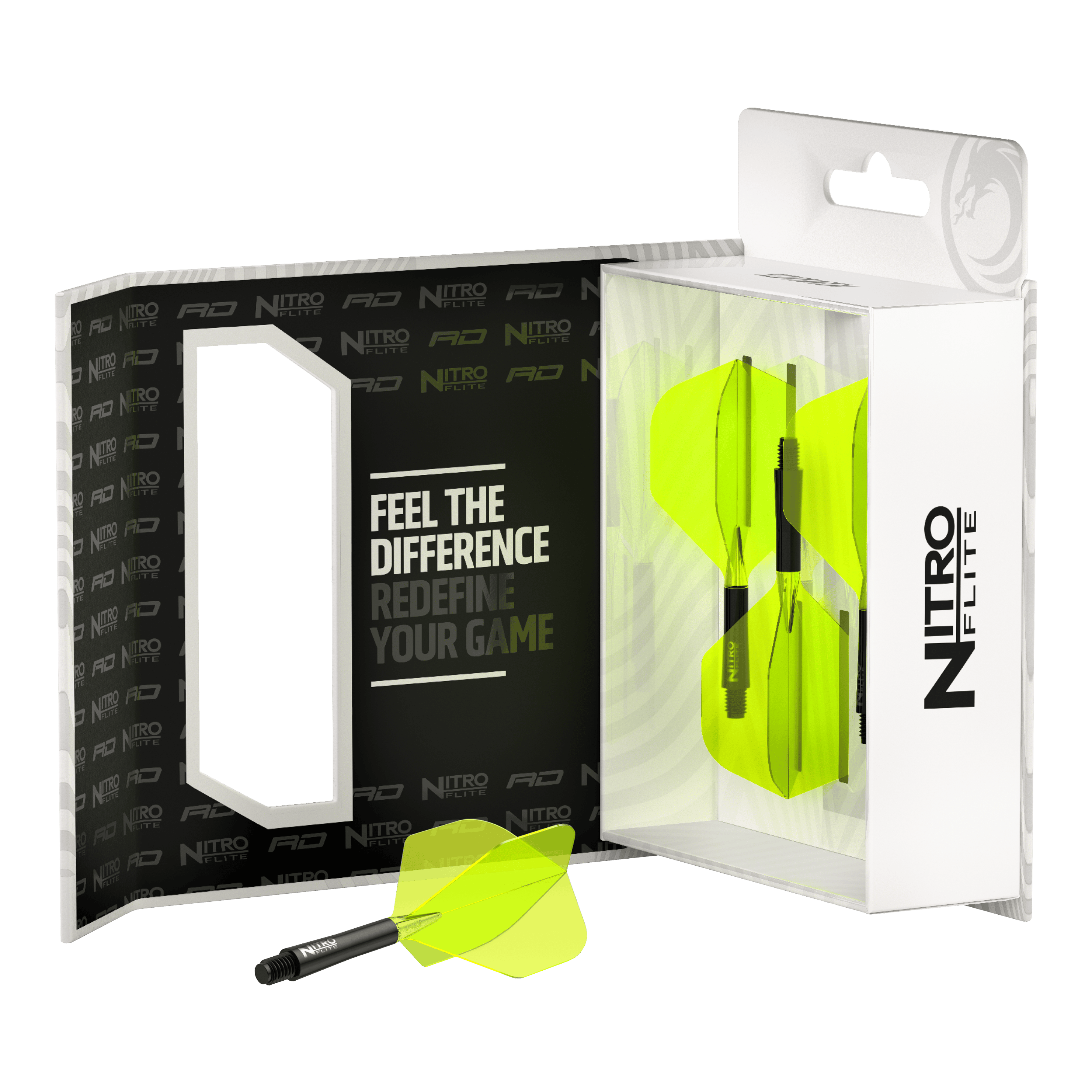 Red Dragon Nitroflite - Black Shaft Yellow No2 Flights Das Bild zeigt das Produkt "Red Dragon Nitroflite - Black Shaft Yellow No2 Flights" in seiner Verpackung. Die Dartflights sind gelb und haben schwarze Schäfte.