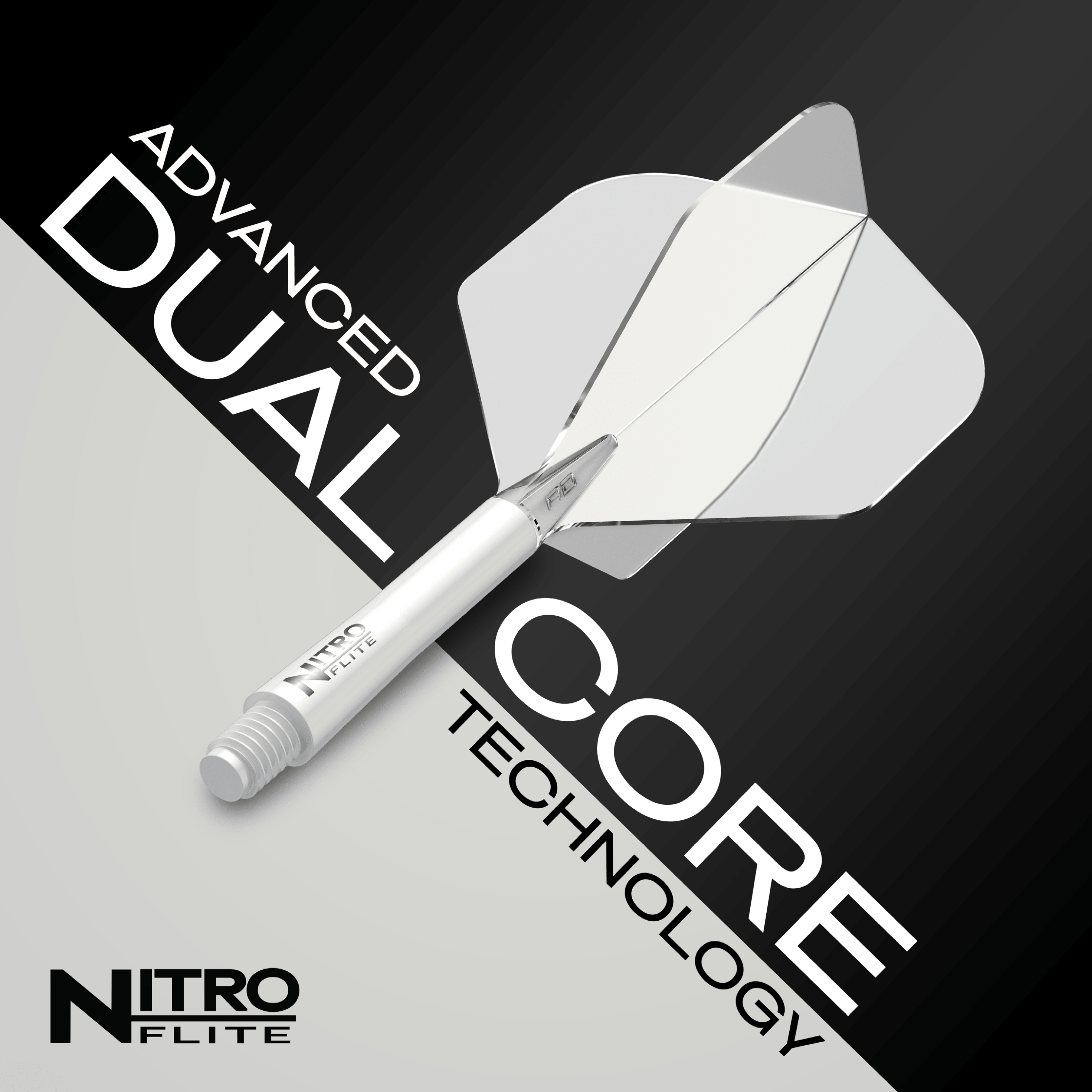Red Dragon Nitroflite - White Shaft Clear No2 Flights Das Bild zeigt das Produkt "Red Dragon Nitroflite - White Shaft Clear No2 Flights". Auf dem Bild sind die Begriffe "Advanced Dual Core Technology" sowie das Produkt selbst gut sichtbar.