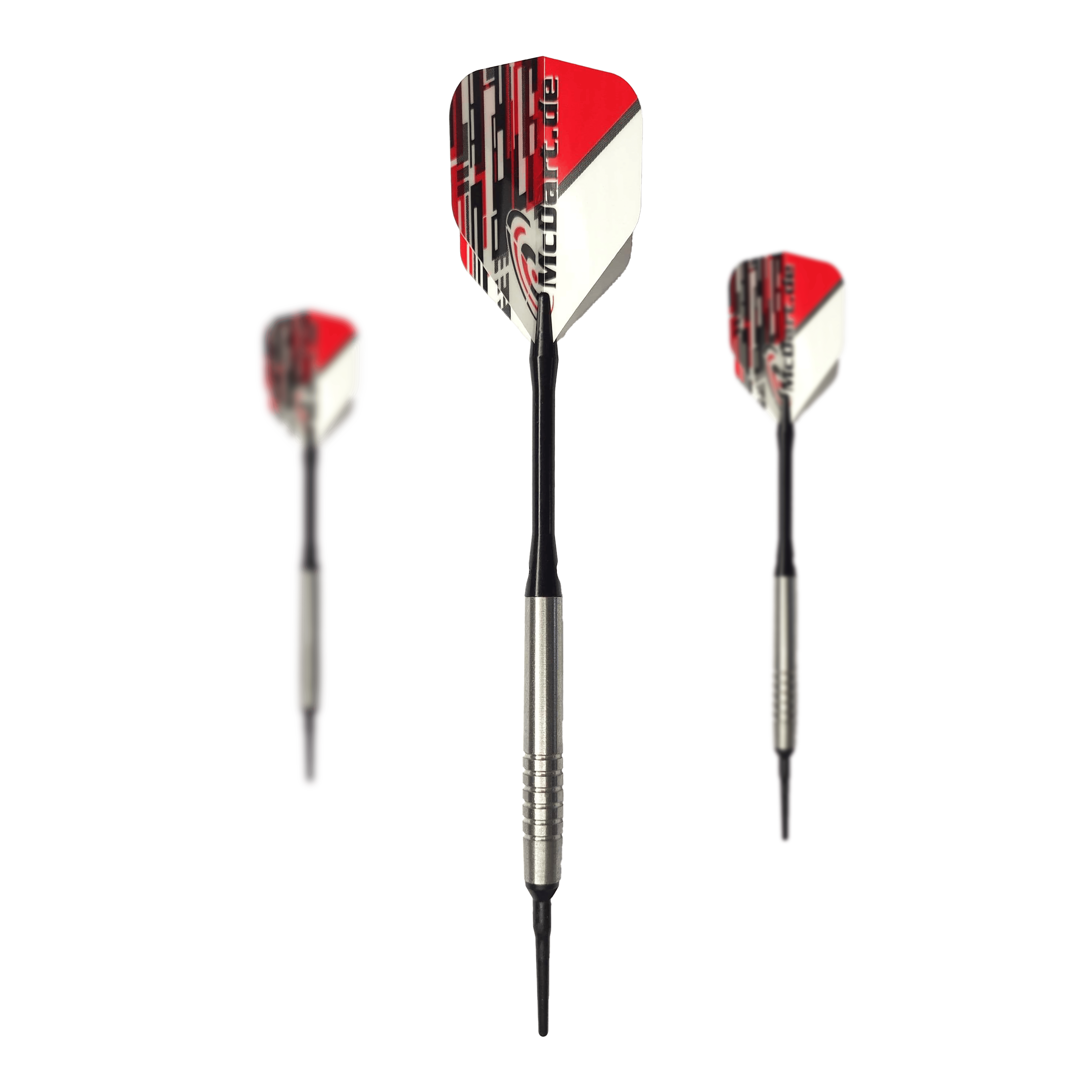 McDart 85er Tungsten V14 Softdarts - 17g Das Bild zeigt drei Softdarts des Modells "McDart 85er Tungsten V14" mit einem Gewicht von 17g. Die Darts haben silberne Barrels und Flights in Rot, Weiß und Schwarz.