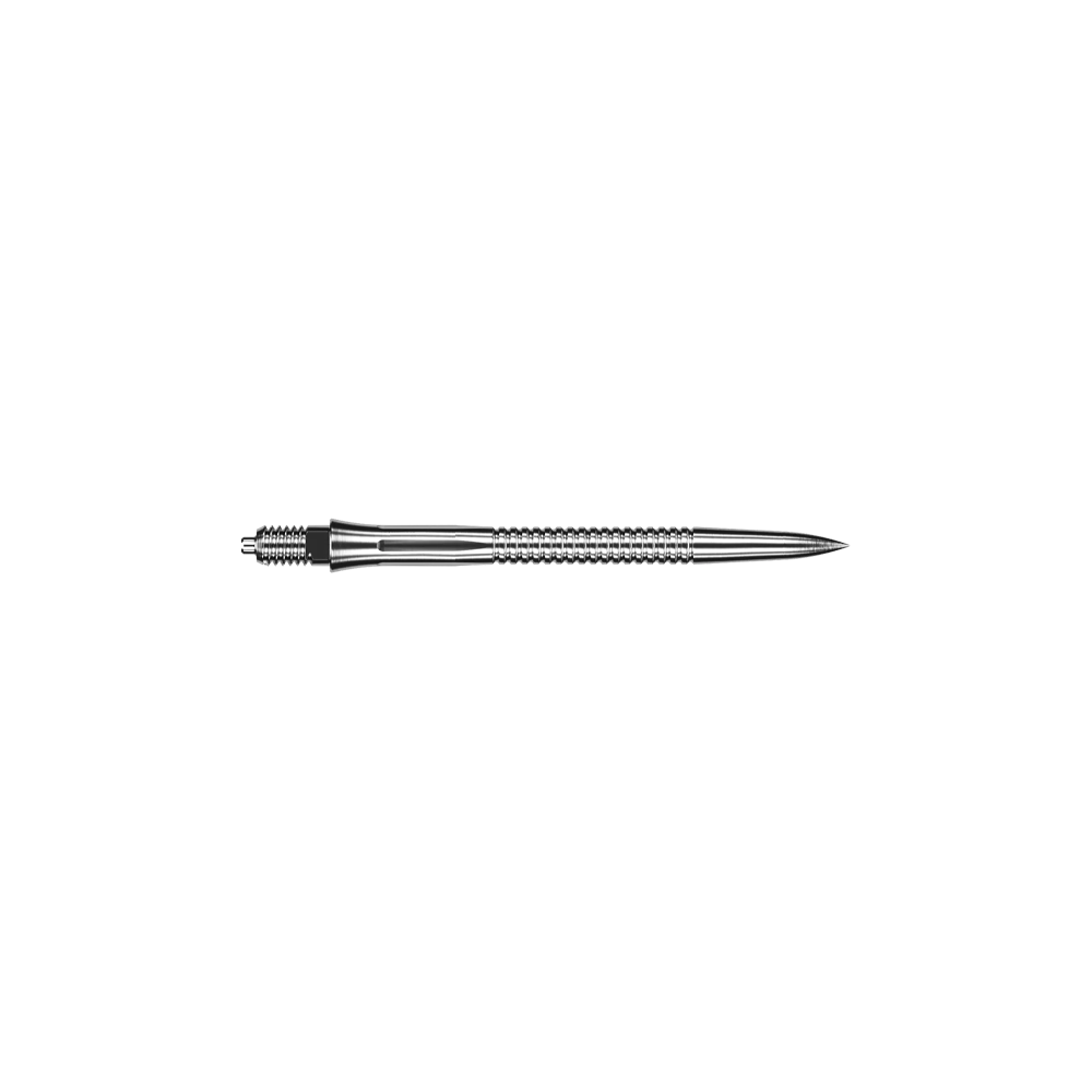 Caliburn EZ-EVO Dartspitzen - Grooved - Silber Auf dem Bild ist eine silberne, gerillte Dartspitze zu sehen. Die Spitze hat eine Länge von 32 mm.