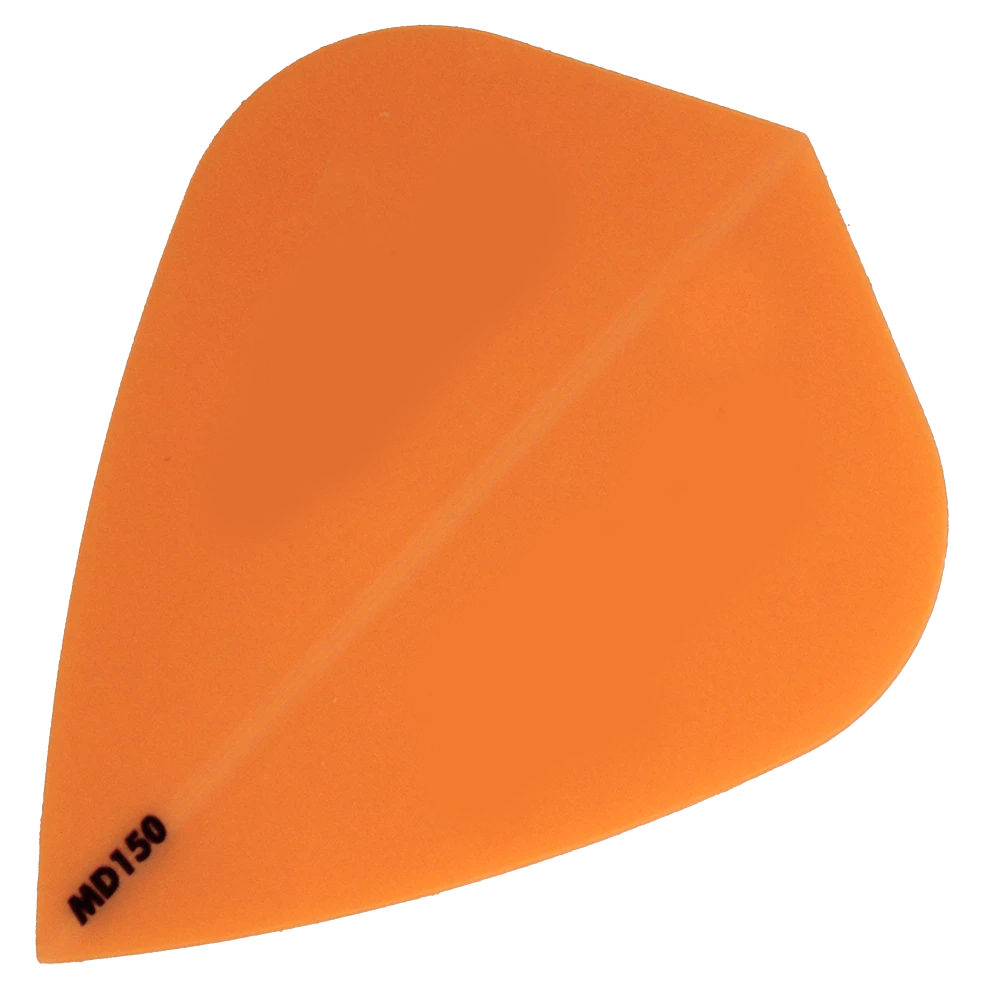 Das Bild zeigt das Produkt "McDart MD150 - Kite Flight", eine orangene Dart-Flugfeder. In der unteren linken Ecke steht die Bezeichnung "MD150".