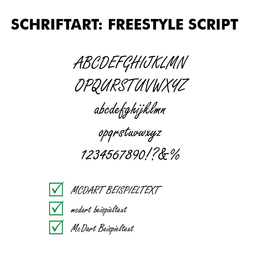 Flightdruck-Schriftart-Freestyle-ScriptYG20MbZqMjgTb Das Bild zeigt die Schriftart „Freestyle Script“ mit Beispielen für Großbuchstaben, Kleinbuchstaben, Zahlen und Sonderzeichen. Unten werden verschiedene Beispieltexte in dieser Schriftart dargestellt, jeweils mit einem grünen Häkchen.