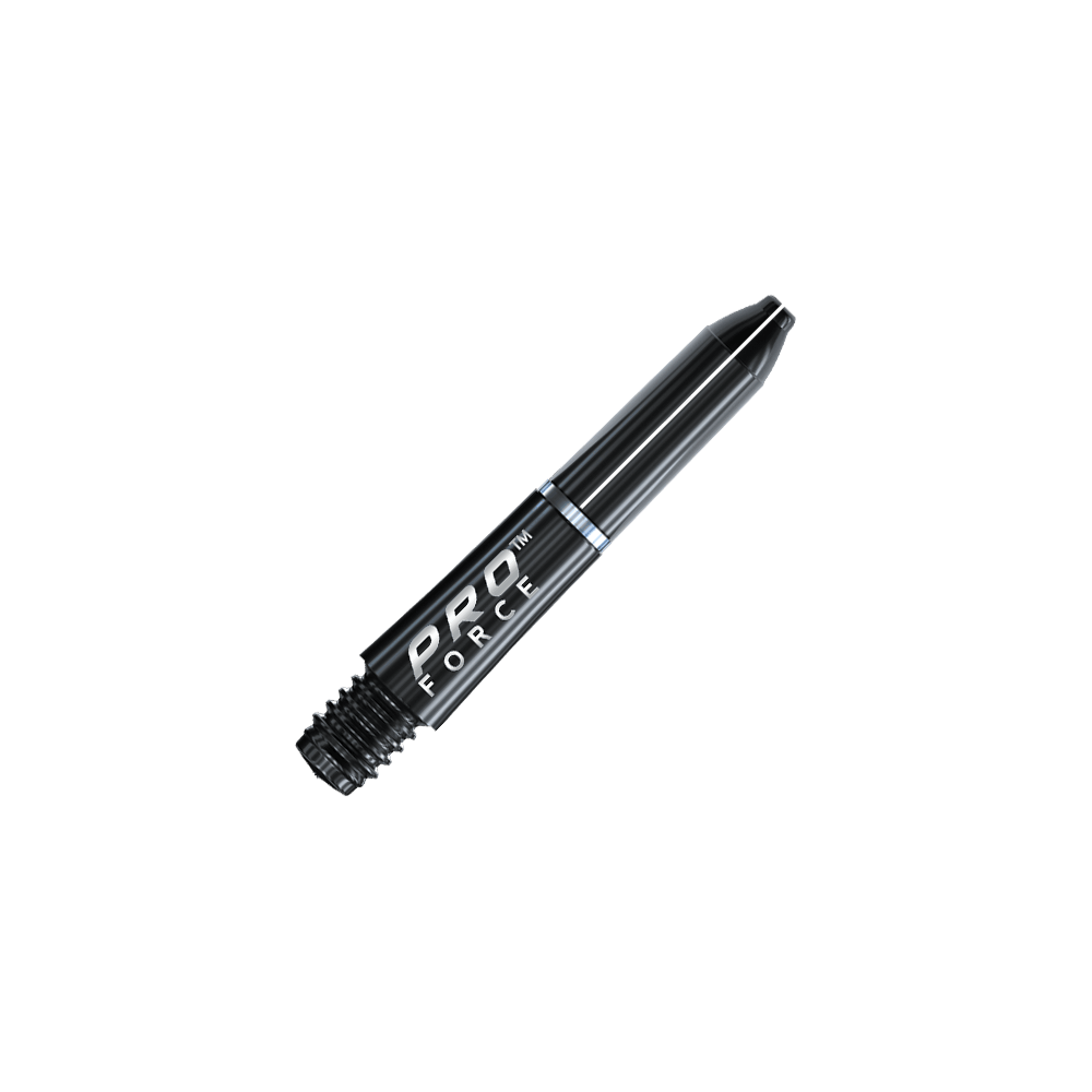 Das Bild zeigt einen schwarzen Winmau Pro-Force Dart-Schaft. Auf dem Schaft steht weiß geschrieben "PRO FORCE".