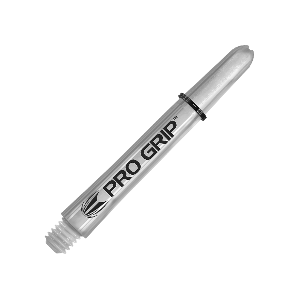 Das Bild zeigt einen transparenten Pro Grip Schaft für Darts. Auf dem Schaft steht deutlich der Schriftzug "PRO GRIP".