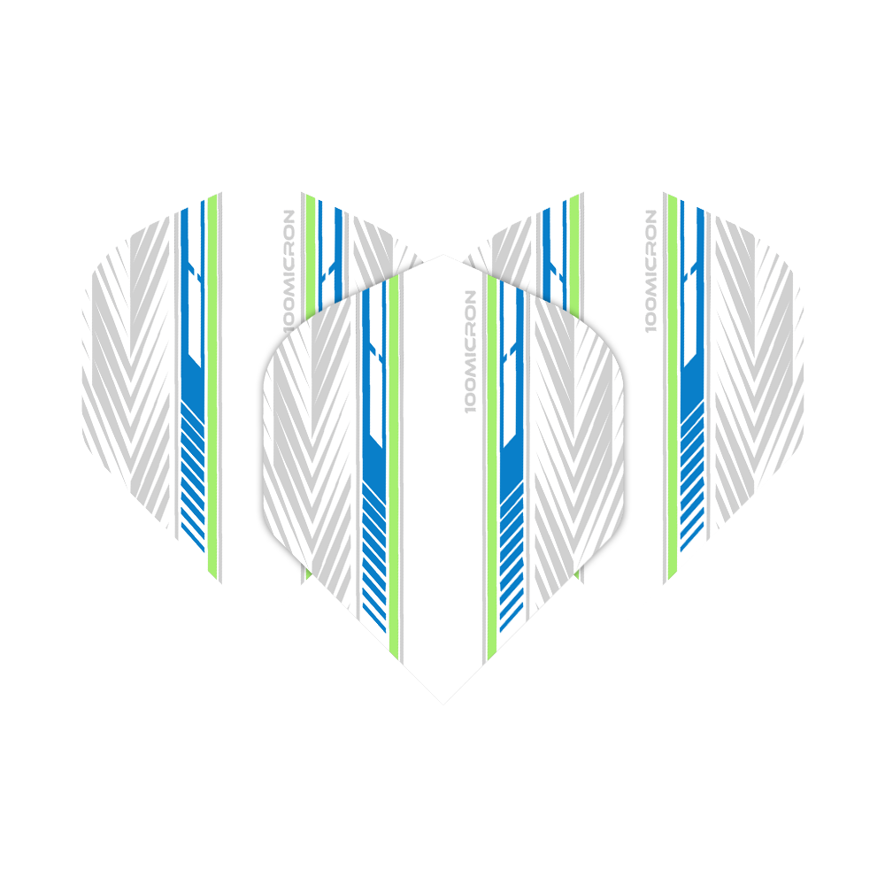 Pentathlon Flights weiß/blau/grün Das Bild zeigt die "Pentathlon White Blue Green No2 Standard Flights" mit einem modernen Design in Weiß, Blau und Grün. Die Flights haben ein Muster aus Linien und Pfeilen sowie den Aufdruck "100 MICRON".