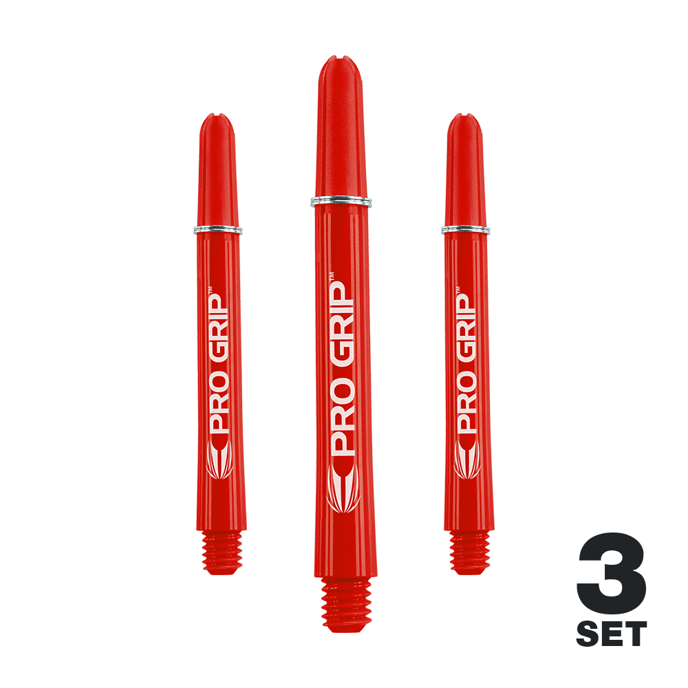 Das Bild zeigt drei rote Pro Grip Shafts für Darts. Unten rechts steht "3 Set", was darauf hinweist, dass es sich um ein Set mit drei Stück handelt.