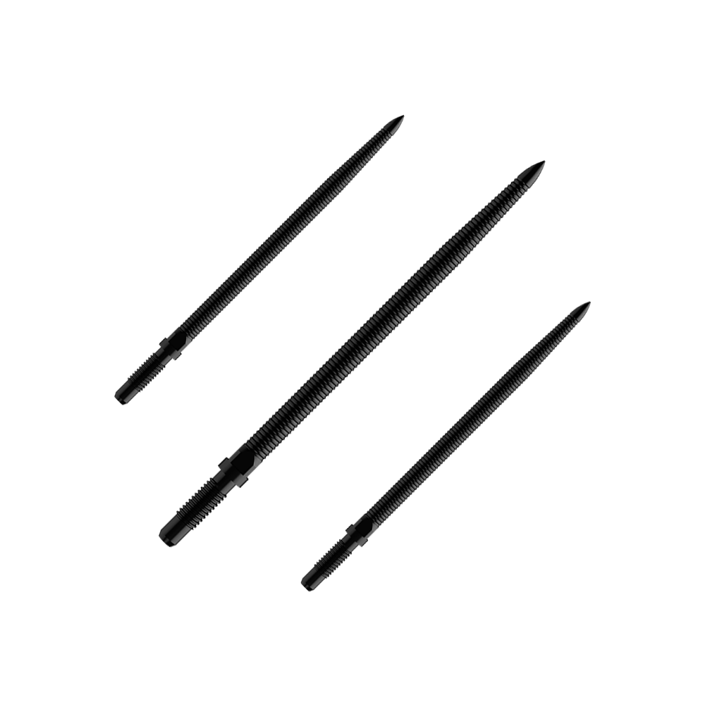 Abgebildet ist ein Produkt mit dem Namen BU57705_BullsNL_Convertible_Points_MicroGrip_Schwarz_36mm_1Set. Es handelt sich um schwarze umwandelbare Dartspitzen mit MicroGrip in 36 mm Länge.