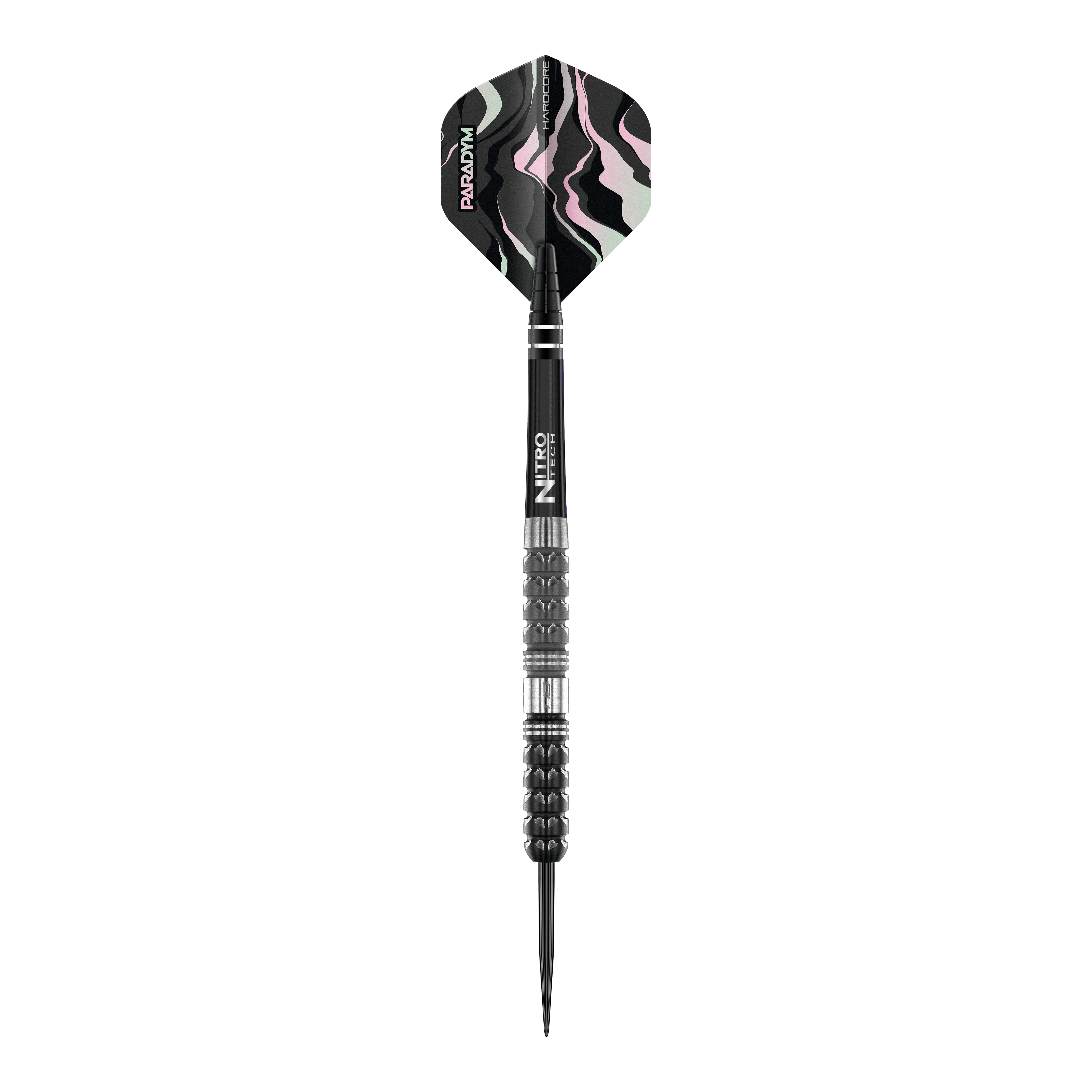 Red Dragon Paradym Tapered Steeldarts Das Bild zeigt einen Red Dragon Paradym Tapered Steeldart. Der Dart hat ein modernes, schwarzes Design mit markant gemusterter Flugfeder.