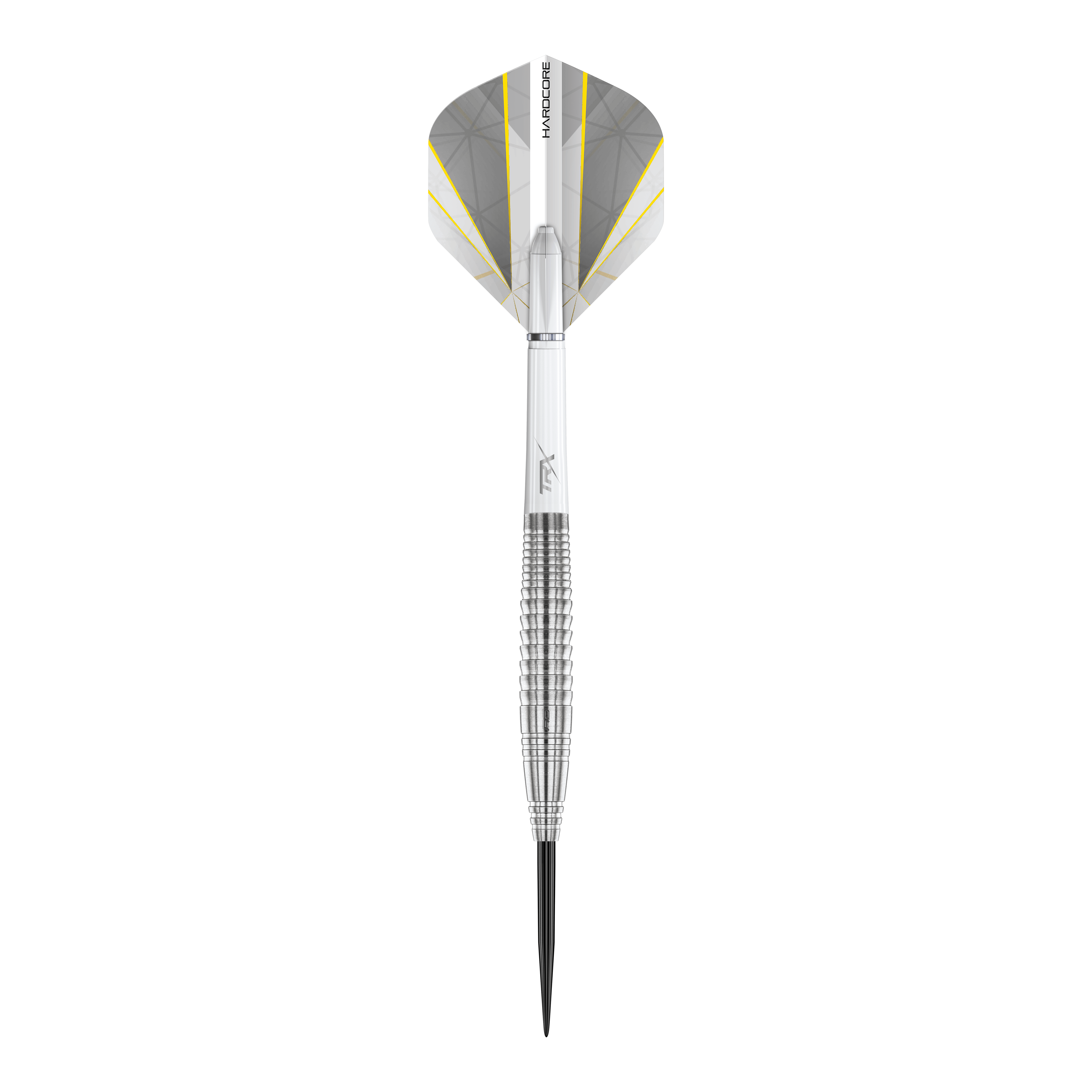 Red Dragon Seren 4 Pure Steeldarts Das Bild zeigt einen Red Dragon Seren 4 Pure Steeldart. Der Dartpfeil ist silberfarben mit einem geriffelten Griff und weißen, gelb-grauen Flights.