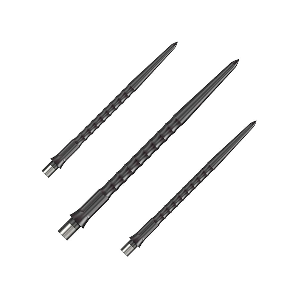 Das Foto zeigt ein Set schwarzer Caliburn Evo System Steeldartspitzen mit 40 mm Länge. Es sind mehrere Spitzen nebeneinander abgebildet.