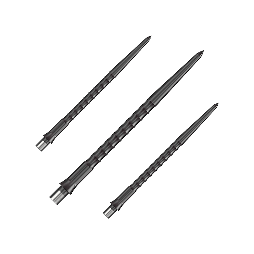 Caliburn System Steeldartspitzen - Ripple - NoLip - Schwarz Das Foto zeigt ein Set schwarzer Caliburn Evo System Steeldartspitzen mit 40 mm Länge. Es sind mehrere Spitzen nebeneinander abgebildet.