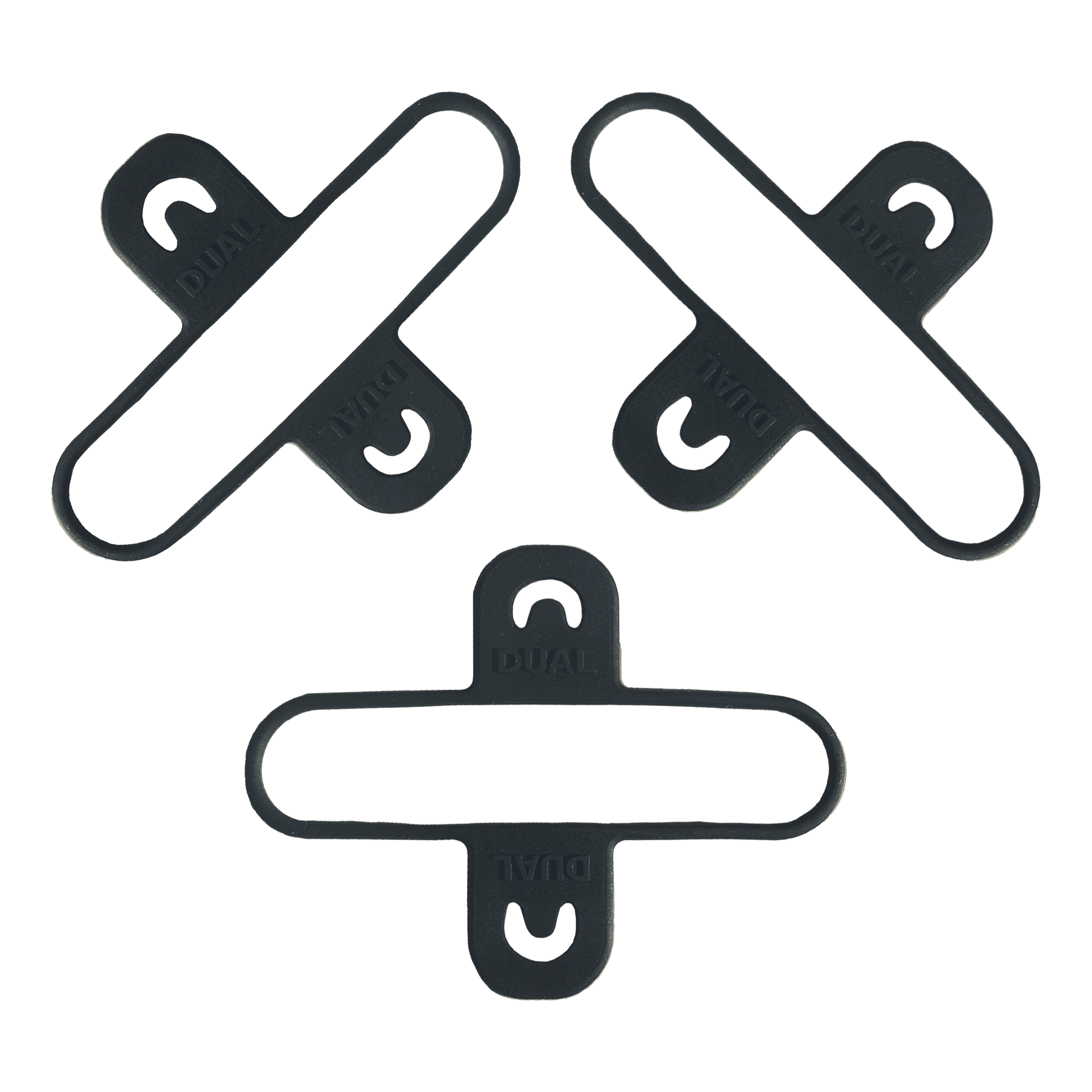 Das Bild zeigt das Produkt "Condor Dual Dartcase Belt 3-er Set - Schwarz". Es handelt sich um drei schwarze Halterungen zur Befestigung von Dartcases am Gürtel.