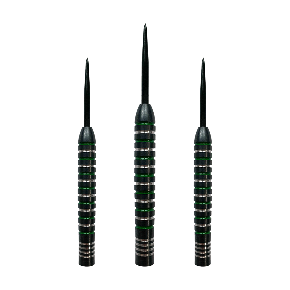 McDart Silver Green Steeldart Barrels Abgebildet ist ein Set der McDart Silver Green Steeldart Barrels. Die Form der Barrels ist zylindrisch.