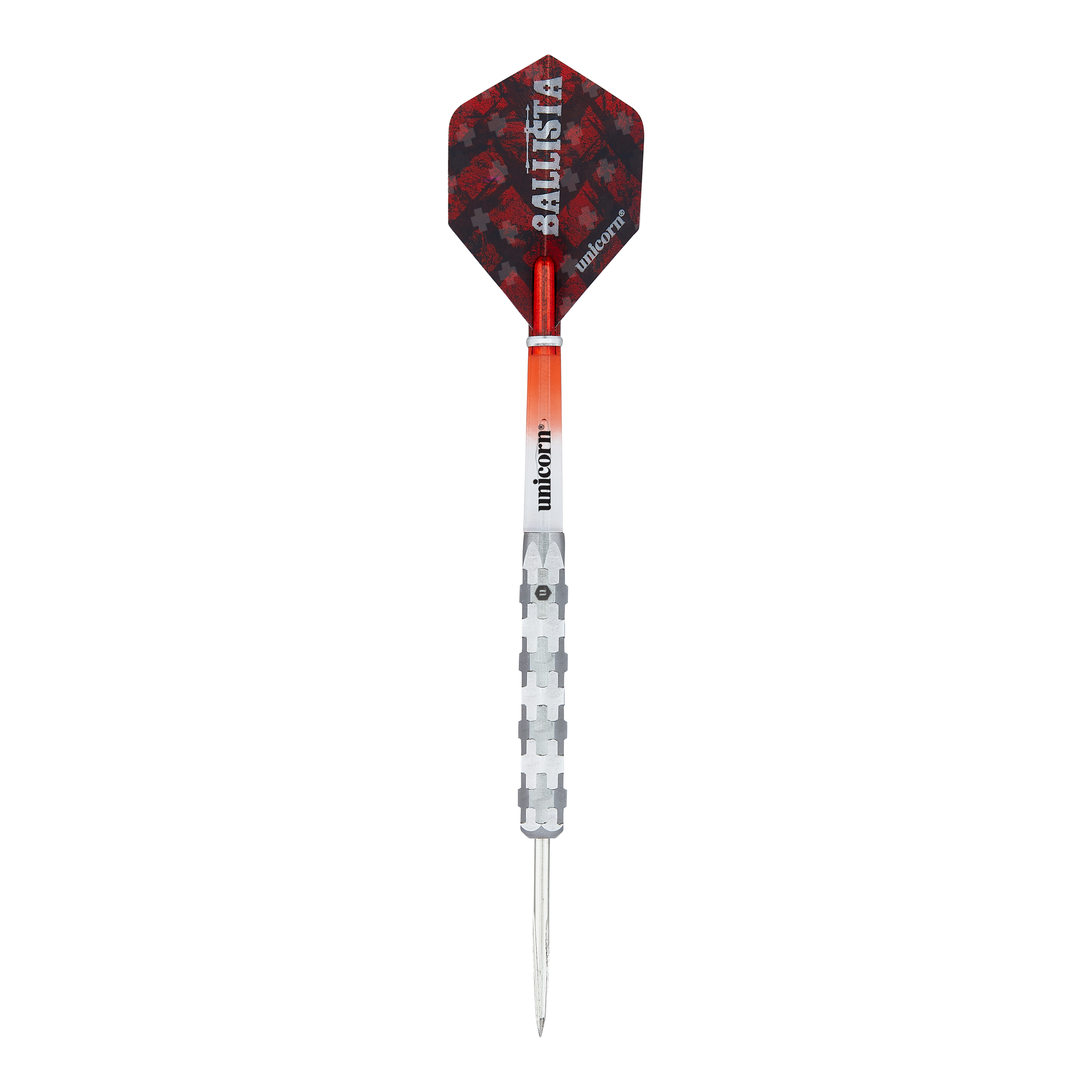 Unicorn Ballista Style 1 Steeldarts Das Bild zeigt einen Steeldart mit der Aufschrift "Unicorn Ballista Style 1". Der Dart hat einen silbernen Schaft, einen rot-schwarzen Flight und eine spitze Metallspitze.