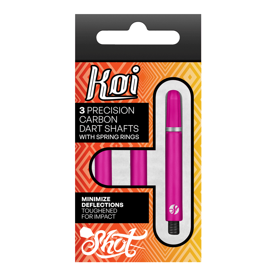 Shot Koi Carbon Shafts - Pink Auf dem Bild ist eine Verpackung mit drei pinkfarbenen Präzisions-Carbon-Dartschäften zu sehen. Die Schäfte sind für minimale Ablenkungen und erhöhte Schlagfestigkeit ausgelegt.