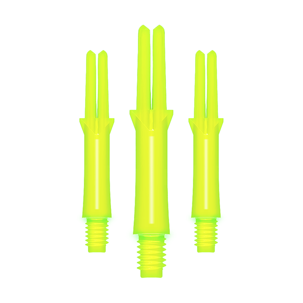 Auf dem Bild sind drei neon-gelbe, gerade Dartschäfte zu sehen. Sie haben ein Schraubgewinde am unteren Ende und sind in verschiedenen Längen dargestellt.