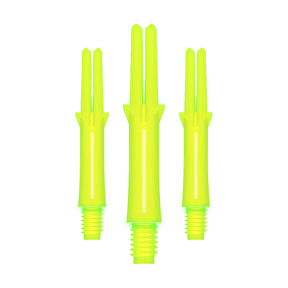 L-Style L-Shafts Locked Straight - Neon Yellow 190 Auf dem Bild sind drei neon-gelbe, gerade Dartschäfte zu sehen. Sie haben ein Schraubgewinde am unteren Ende und sind in verschiedenen Längen dargestellt.