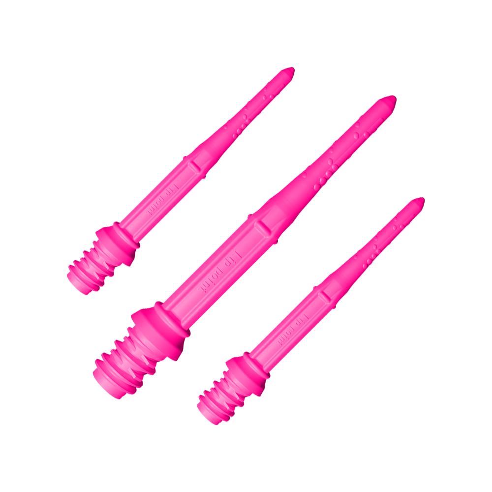 Das Bild zeigt drei pinke Dartspitzen des Produkts "L-Style Premium Lippoints 30 (30er Pack) - 30mm". Sie sind länglich und haben eine strukturierte Oberfläche.