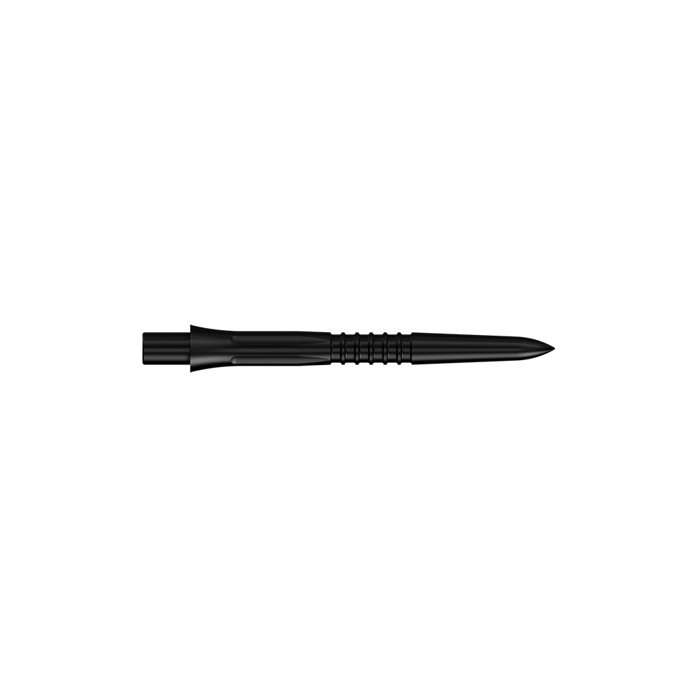 Schwarze Steeldartspitzen, 26 mm lang. Das Bild zeigt die Misson Caliburn EVO GV1 Dartspitzen.
