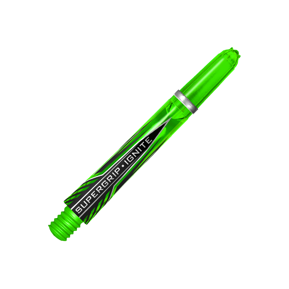 Das Bild zeigt einen grünen Harrows Supergrip Ignite Shaft für Darts. Der Hintergrund ist in kräftigen Grüntönen gehalten und hebt das Produkt hervor.