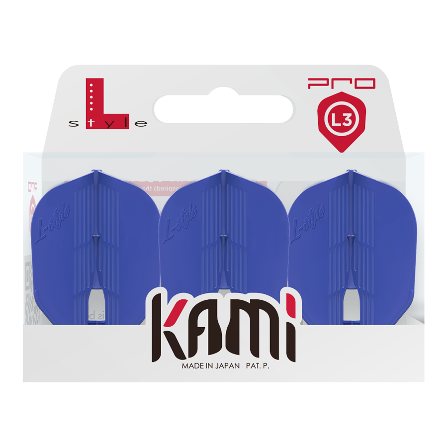Das Bild zeigt eine Verpackung mit drei blauen Dart-Flights der Marke L-Style. Auf der Verpackung steht "kami" und "Made in Japan".