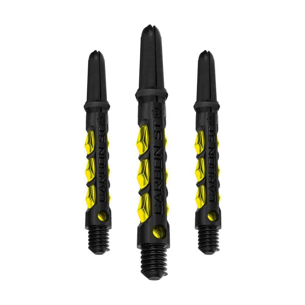HR420_Harrows_Carbon_ST_Shafts_Gelb_40mm_1q7Ps4EtyYGU3s Das Bild zeigt drei Harrows Carbon ST Shafts in Gelb. Die Dartschäfte sind schwarz mit gelben Akzenten und haben eine auffällige, strukturierte Oberfläche.