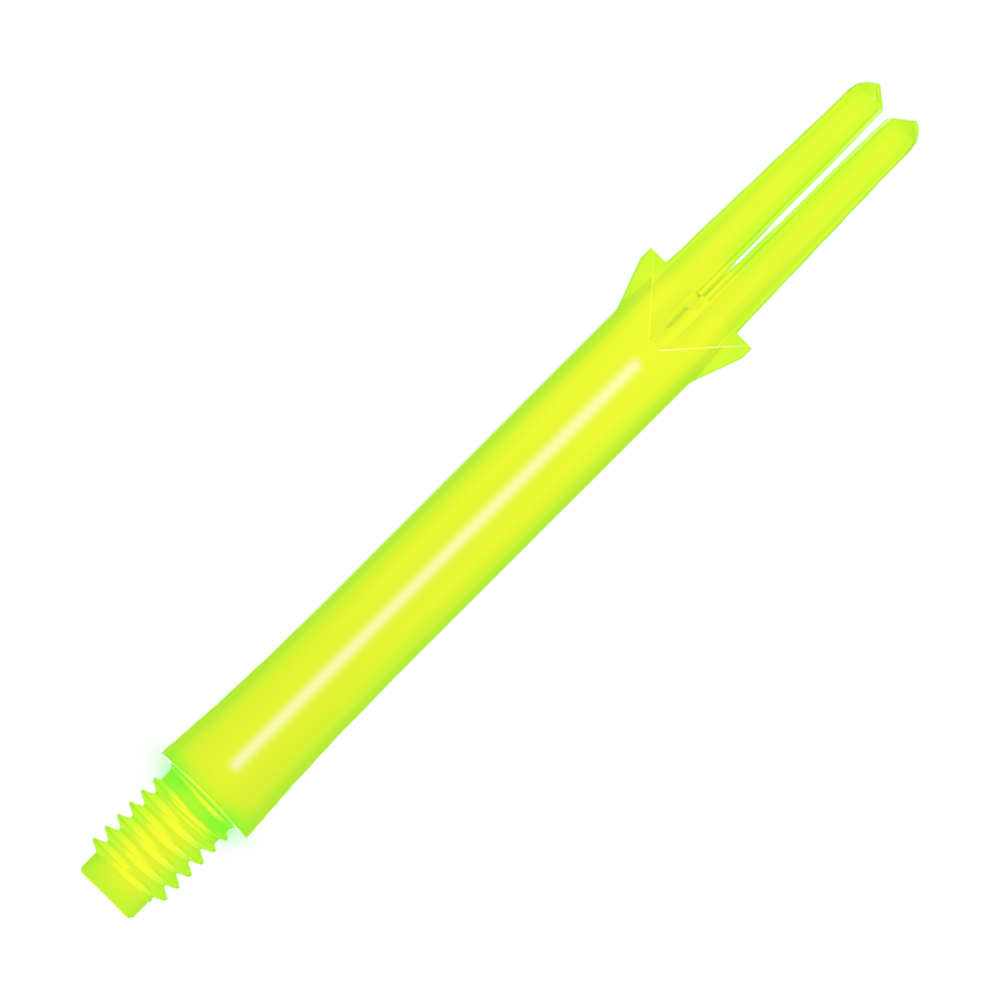 Das Bild zeigt einen neon-gelben geraden Dart-Schaft mit Gewinde an einem Ende. Der Schaft ist 46 mm lang und hat einen geschlitzten oberen Teil für die Befestigung der Flights.