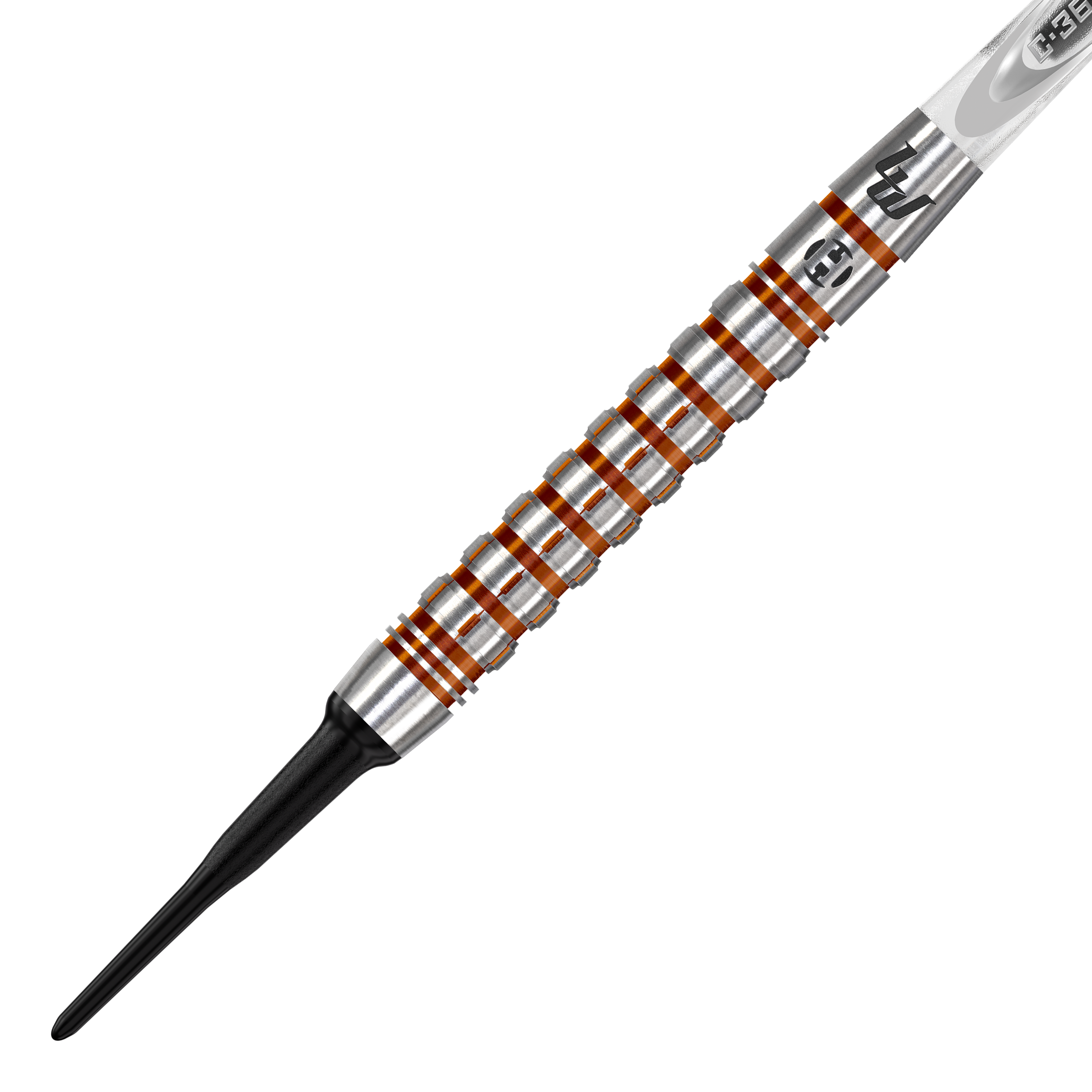 Harrows Luke Woodhouse Series 2 Softdarts - 18g Das Bild zeigt einen Harrows Luke Woodhouse Series 2 Softdart mit einem Gewicht von 18g. Der Dart hat einen silbernen Griff mit auffälligen orangefarbenen Ringen und einer schwarzen Kunststoffspitze.